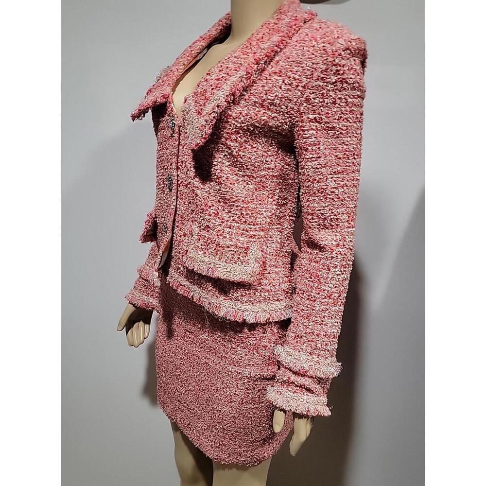 ST. JOHN COUTURE Black Label PINK Gray Eyelash Tweed Sz 4 Jacket  & Skirt #C7 - Picture 12 of 16